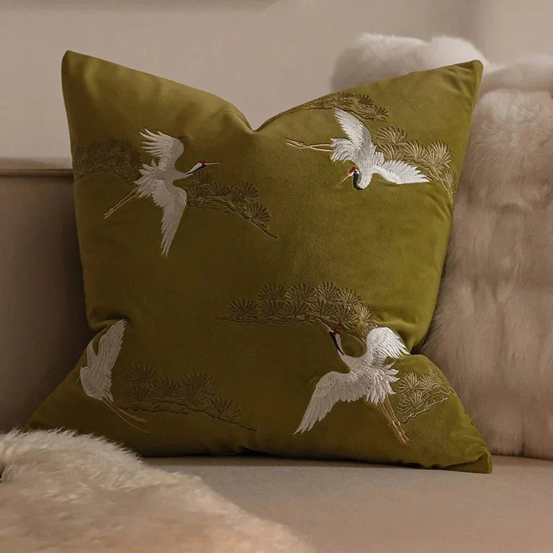 The Niomi – Crane Pine Embroidered Cushion
