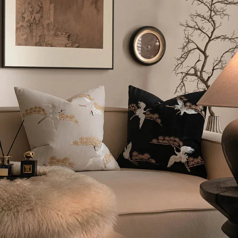 The Niomi – Crane Pine Embroidered Cushion