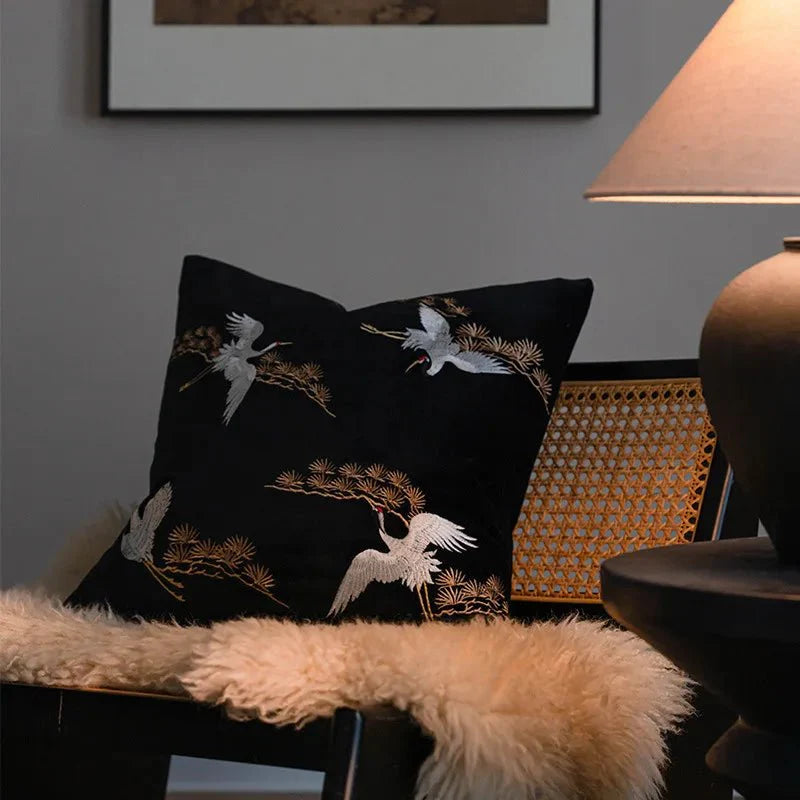 The Niomi – Crane Pine Embroidered Cushion