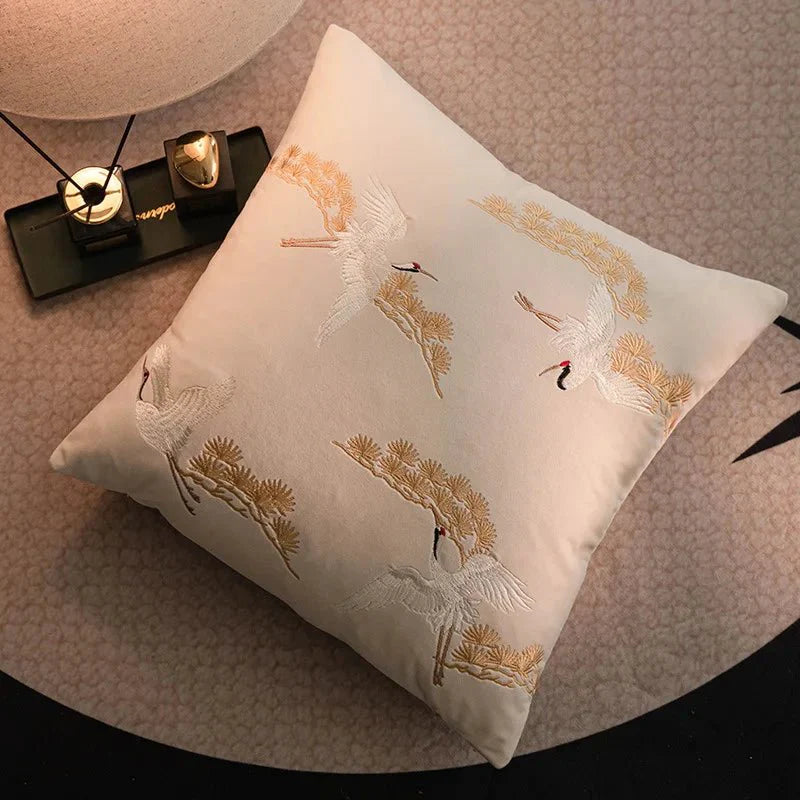 The Niomi – Crane Pine Embroidered Cushion