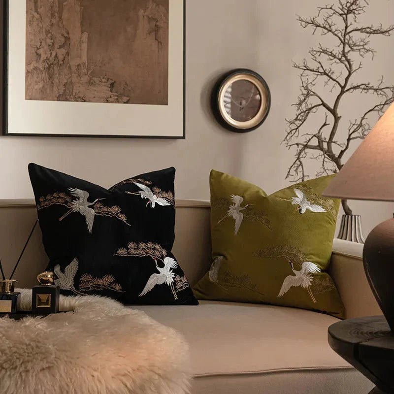 The Niomi – Crane Pine Embroidered Cushion - The NiomiSKU_1753009397529_414