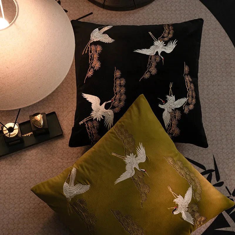 The Niomi – Crane Pine Embroidered Cushion - The NiomiSKU_1753009397529_757