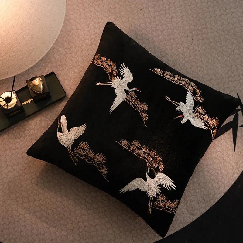 The Niomi – Crane Pine Embroidered Cushion - The NiomiSKU_1753009397529_970